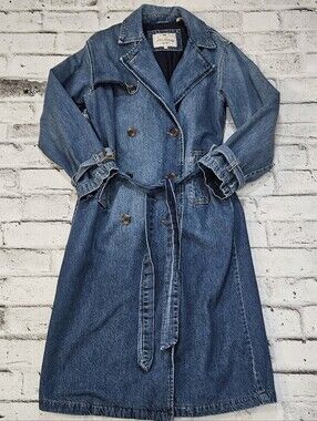 Levi Strauss Womens XXS Denim Trench Coat Long Belted Double Breasted Blue